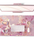 Big Ol Pink Desk Pad, 31.5 By 15.7 Inch, Rose Gold Marble, PU Leather, Waterproof Mouse Pad with keyboard and accessories.