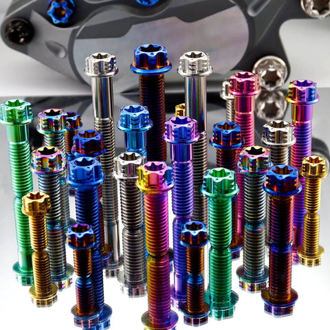 Pack Of 4 Grade 5 Titanium Torx Bolts M10 X 1.25 Pitch Brake Caliper Screws Dual Drive Flange Head assorted lengths in vibrant colors