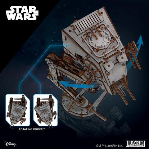 Wooden Star Wars AT ST Walker 3D Puzzle Featuring Smooth Shifting Gear System That Delivers Real Walking Motion knockout view of rotating cockpit mechanism.