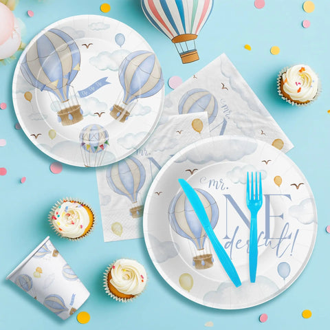 Hot Air Balloon 1st Birthday Party Supplies Set For Boys Mr Onederful Themed Tableware Pack Including Plates Napkins Cups And Cutlery In Blue For 24 Guests Lil Man Approved