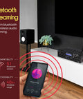 Wireless Bluetooth All In One Home Stereo Amplifier on shelf with smartphone streaming ambient music and speaker in background.