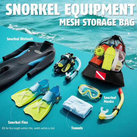 12x16 Inch Mesh Dive Bag With Shrink Lock And Dive Flag Mark on poolside with wetsuit, fins, masks, snorkel gear, towels