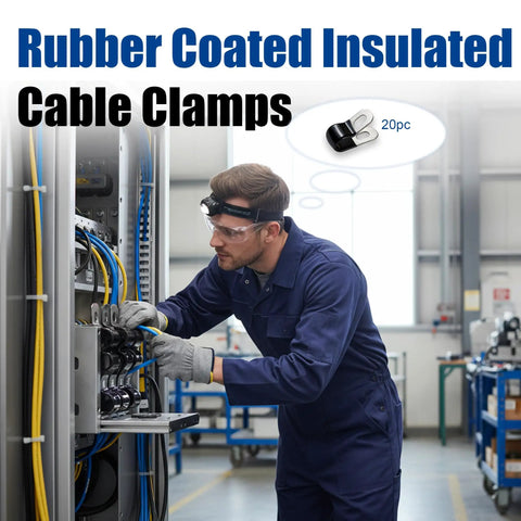 Technician installing 36Pcs One Quarter Inch 304 Stainless Steel Rubber Coated Insulated Cable Clamps in industrial setting