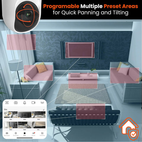 Home Monitoring Camera With Crystal Clear Full HD Video, Pan And Tilt, Color Night Vision displayed in modern living room setup