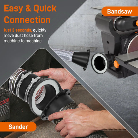 Magnetic dust collection fittings kit with 4-inch and 2.5-inch hose adapters; close-up of hose connections