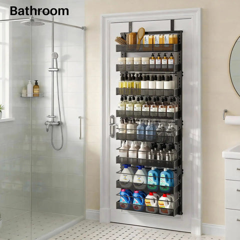Eight Tier Over The Door Organizer With Adjustable Baskets For Bathroom Closet Storage Heavy Duty Hanging Rack Black Zero Hustle Setup Saves Major Square Footage And Keeps Your Entire Home Looking Crisp
