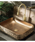 Top Shelf Ceramic Bathroom Vessel Sink Bowl With Exquisite Hand Carved Patterns For Above Countertop Vanity Setup with gold finish.