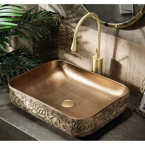 Top Shelf Ceramic Bathroom Vessel Sink Bowl With Exquisite Hand Carved Patterns For Above Countertop Vanity Setup with gold finish.