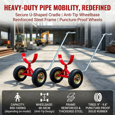 Two Pack Beefy Pipe Transport Cart With 360 Degree Rotating Cradle For Steel And PVC Pipes, Heavy Duty Pipe Dolly Carrier For Construction, Warehouse And Workshop, Handles Up To 1760 Lbs Load. Two red steel carts with solid rubber tires and U-shaped cradles