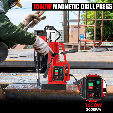 Professional Grade Portable Magnetic Drill Press, 1550W 10 Speed Variable RPM Core Driller For Steel And Stainless in use on metal.