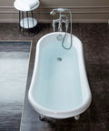 Heavy Duty Acrylic Clawfoot Bathtub Featuring Fly Slipper Contour And Straight Up Brushed Nickel Fixtures Complete No Stress All In One Luxury Home Soak Package, top view with clear water.