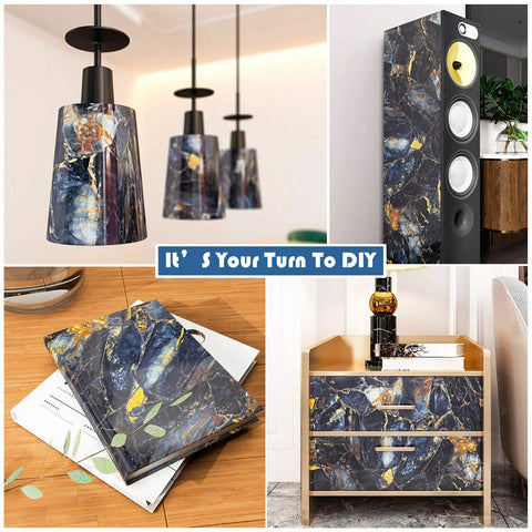 Glossy Blue Gold Marble Countertop Contact Paper used on lamp, speaker, books, and cabinet; 32 inch wide by 354 inch long, waterproof.