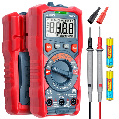 Digital Multimeter With TRMS 4000 Counts Auto Ranging Volt Meter Ohmmeter NCV Capable, with probes and batteries visible