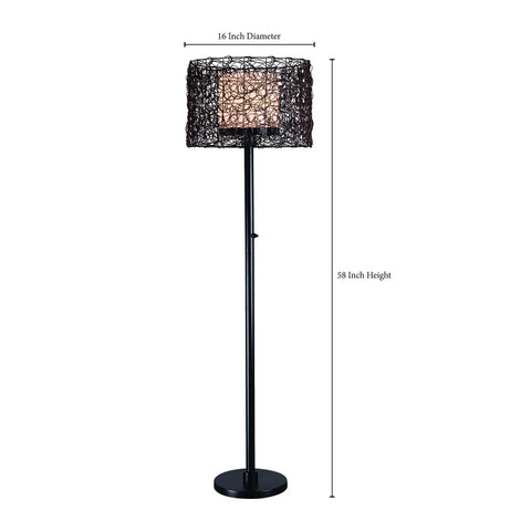 Tanglewood Outdoor Floor Lamp In Oil Rubbed Bronze, All Weather Powder Coated Steel, UL Listed Rustic Standing Lamp With Frosted Bulb Shield For Patio, Deck Or Garden, Built Tough For Any Weather, showing full lamp with dimensions 16 inch diameter and 58 inch height