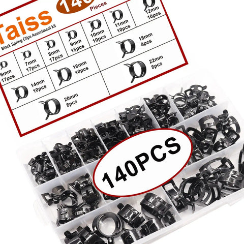 140 Piece Spring Band Hose Clamp Kit 12 Sizes From 6 To 22 Millimeters Black Finish Low Pressure Clamps in box