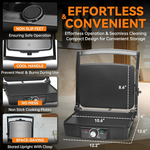 Bakers Friend Stainless Steel Panini Press Electric Griddle And Sandwich Maker Grill with non-stick plates, control panel, and cool handle.