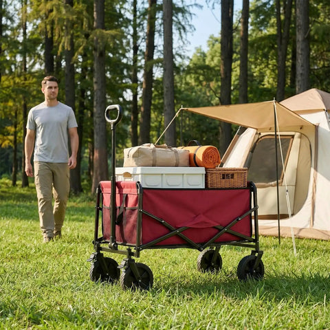 Collapsible Wagon Cart 102L 330 Lb Capacity Heavy Duty Portable Pull Cart With Lockable Wheels in campsite near tent