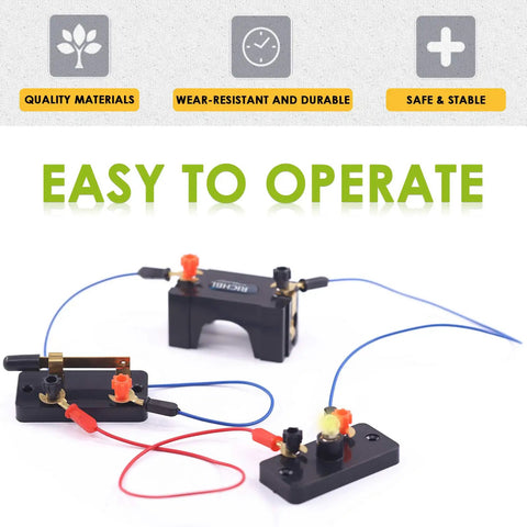 Hands On Physics Electronics Experiment Kit with SPST switches, E10 bulb holders, wire leads, and D battery holders.