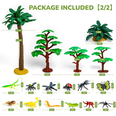 Rainforest Diorama Kit With 33 Pieces PVC Animals And Insects, Miniature Trees, Moss, Sand And Stones, Display Box And Backdrop For Kids Science Projects, Kid Friendly Classroom DIY And Hands On Learning showing package contents including trees and insects
