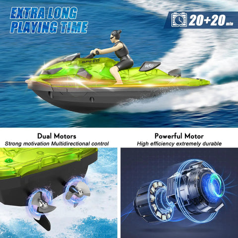 Kids RC Boat With LED Lights, Self Righting Jet Ski, 2.4GHz Remote Control For Ages 6 And Up, shown in green with dual motors