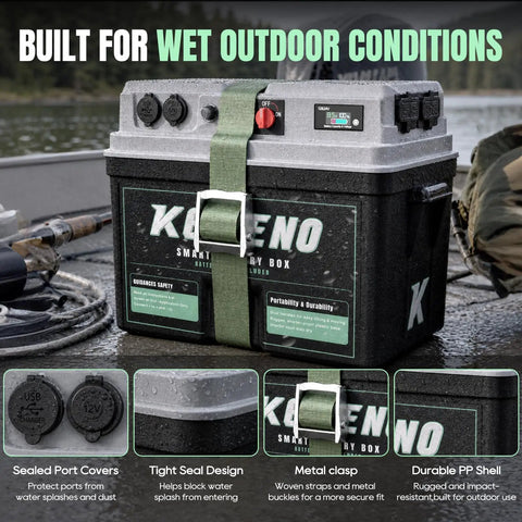 Smart Marine Battery Box 12V 24V Power Center With USB C And QC3.0 Quick Charge Port For Deep Cycle Bank in wet outdoor setting.