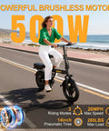 Woman riding Compact Folding Electric Bike For Adults With 500W Motor And 20 MPH Top Speed on coastal road, 14-inch wheels visible