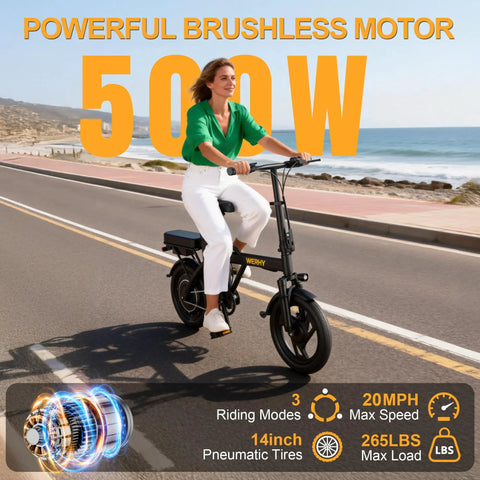 Rider on Electric Bike For Adults With 500W Motor 20 MPH, foldable, with 14 inch wheels and pedal assist, on a coastal road