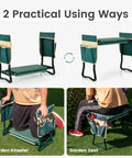 Garden Kneeler And Seat 2 In 1 Folding Gardening Stool With EVA Foam Pad and heavy duty metal frame, shown as kneeler and seat with tool bags.