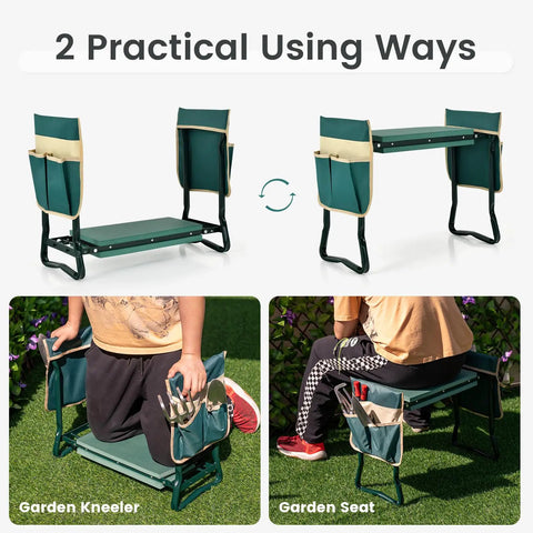 Garden Kneeler And Seat 2 In 1 Folding Gardening Stool With EVA Foam Pad and heavy duty metal frame, shown as kneeler and seat with tool bags.