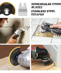 Heavy Duty Titanium Oscillating Tool Blades Kit With 88mm Semicircle Blades Stainless Scraper in use for various cutting tasks