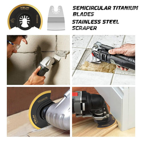 Heavy Duty Titanium Oscillating Tool Blades Kit With 88mm Semicircle Blades Stainless Scraper in use for various cutting tasks