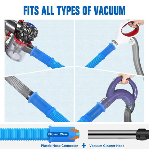 Universal Dryer Vent Vacuum Attachment Kit For Most Vacuums close-up with blue hose connector fitting various vacuums.