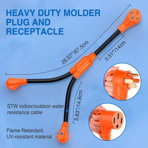 Backyard To Boondocks 50 To 50 Amp Rv Y Splitter Adapter Cord, heavy duty orange 26.57 in STW cable for camper hookups.