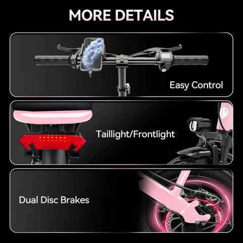Folding Electric Bike For Adults With 800W Peak Motor Up To 20 MPH, featuring handlebars, taillight, and dual disc brakes details