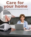 Woman using laptop at home with clear self adhesive cabinet bumpers for scratch prevention and furniture protection.
