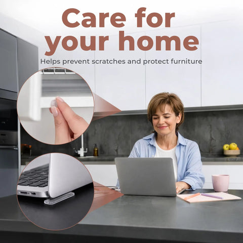 Woman using laptop at home with clear self adhesive cabinet bumpers for scratch prevention and furniture protection.