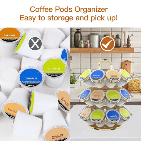 Heavy Duty Metal K Cup Pod Organizer Carousel For Home Kitchen Counter Coffee Station, Holds 27 K Cups, Gold Finish