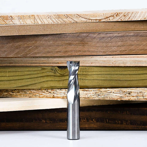 SpeTool upcut spiral CNC router bit, solid carbide, 1/2in shank, 1/2in dia, wood cutting, front view