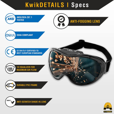 PIT VIPER Shade 5 Welding Goggles With Anti Fog Anti Scratch Lenses, black frame, side view showing protective lens with sparks reflection.
