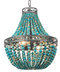 Blue Wood Beaded Chandelier With Boho Vibes, Modern Farmhouse Pendant Light, detailed view of beaded design and metal frame.