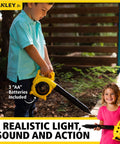 Child holding Red Toolbox Junior Battery Operated Blower Toy For Kids with Realistic Sound And Action in a garden setting