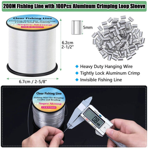 Clear Nylon Fishing Line For Hanging Decor And Crafts 0.8mm Thick Heavy Duty Picture Frame Wire With 70 Pound Strength 656 Feet And 100 Crimp Sleeves Perfect For Balloon Garlands And Photo Displays