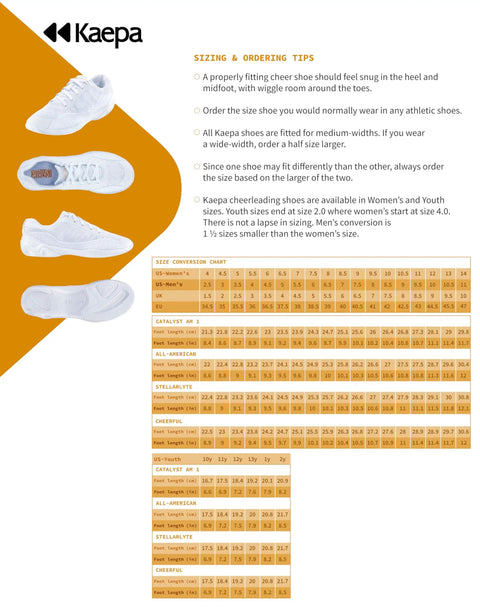 Stellarlyte Women's Cheer Shoe White Size 8.5 for competition with removable insole and APX heel pad, side and sole view with size chart.