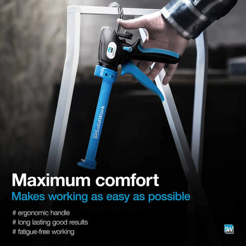 Person holding Premium Hand Caulk Gun With 24 To 1 Adjustable Thrust Ratio Dripless Caulking Tool For 10 Ounce Cartridges Easy Switch