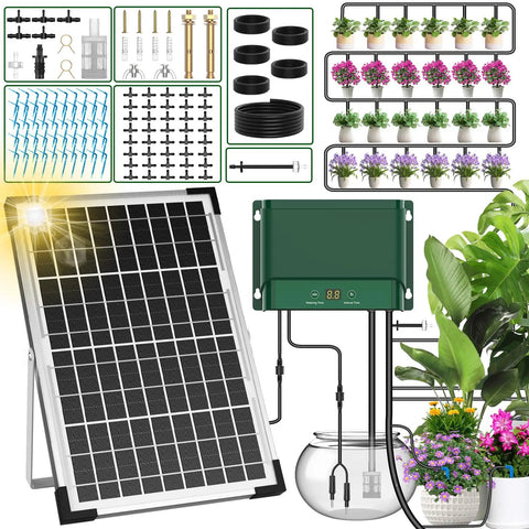 Solar Powered Automatic Plant Watering System 10W Kit For Garden Drip Irrigation, Greenhouse And Plant Beds, showing solar panel and components