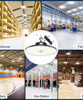 Image showcasing Nine Pack 240W Dimmable UFO High Bay LED Shop Light in various settings: warehouse, factory, stadium, gas station, mall.