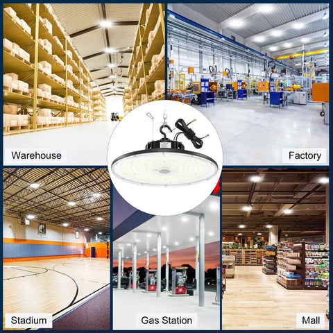Image showcasing Nine Pack 240W Dimmable UFO High Bay LED Shop Light in various settings: warehouse, factory, stadium, gas station, mall.
