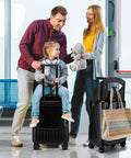 Front view of black 20-inch ride-on kids' luggage with built-in seat and spinner wheels.