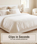 Neatly made bed showcasing No Slip Comforter Clips For Duvet Covers 4 Pack Keeps Blanket From Bunching Or Shifting While You Sleep Discreet Undercover Design.