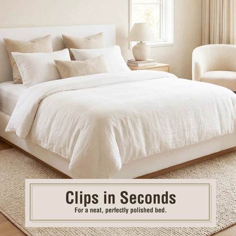Neatly made bed showcasing No Slip Comforter Clips For Duvet Covers 4 Pack Keeps Blanket From Bunching Or Shifting While You Sleep Discreet Undercover Design.